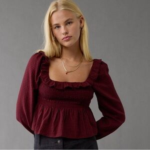 American Eagle Outfitters Burgundy Smocked Checkered Blouse